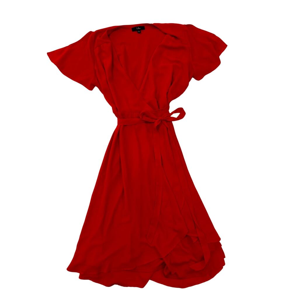 Lulus Red Midi Wrap Dress Women's Large Summer Wedding Guest Romantic Bright - Picture 2 of 16